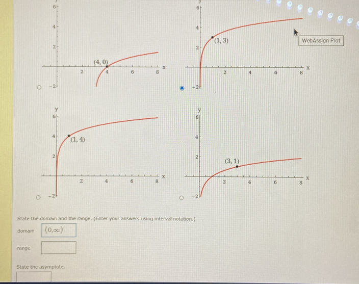 sign Plot
State the domain and the range. (Enter your answers using interval notation.)
domain (0,∈fty )
range □
State the asymptote.
^circ 