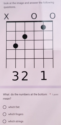 look at the image and answer the following
questions.
What do the numbers at the bottom * 1 point
mean?
which fret
which fingers
which strings