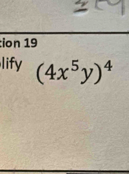 tion 19 
lify (4x^5y)^4