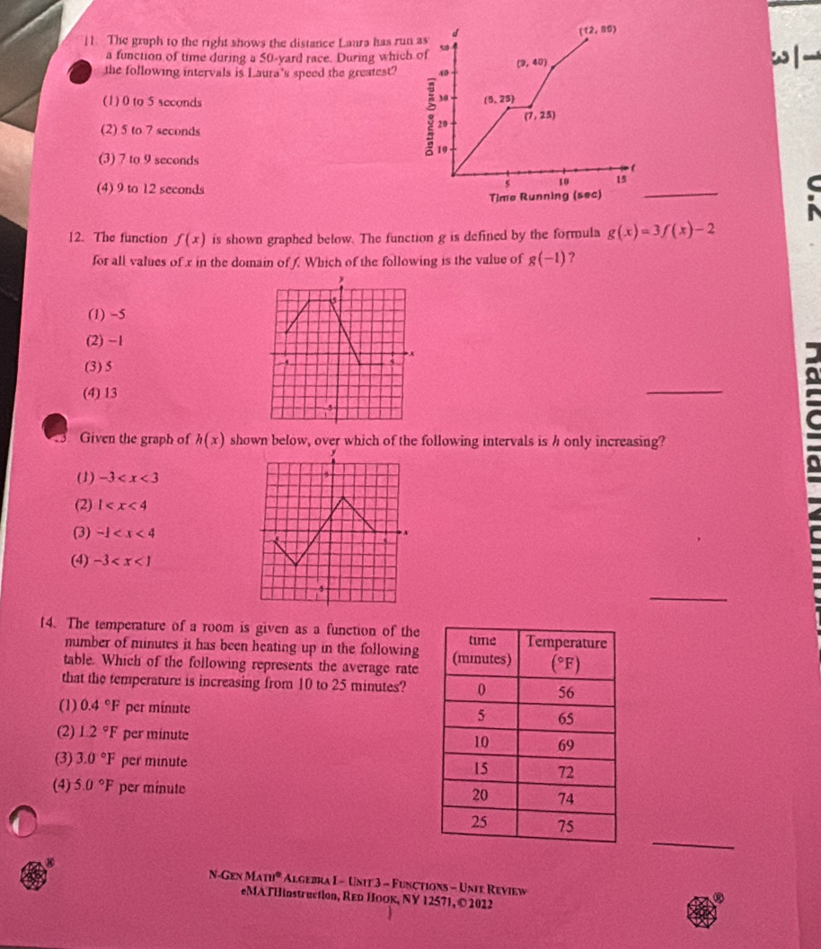 The graph to the right shows the distance Laura has run as
a function of time during a 50-yard race. During which o w|
the following intervals is Laura's speed the greatest?
(1) 0 to 5 seconds
(2) 5 to 7 seconds
(3) 7 to 9 seconds
(4) 9 to 12 seconds
_
C
Time Running (sec)
N
12. The function f(x) is shown graphed below. The function g is defined by the formula g(x)=3f(x)-2
for all values of x in the domain of f. Which of the following is the value of g(-1) ?
(1) -5
(2) -1
(3) 5
(4) 13
_
Given the graph of h(x) shown below, over which of the following intervals is h only increasing?
(1) -3
(2) 1
(3) -1
(4) -3
_
14. The temperature of a room is given as a function of the
number of minutes it has been heating up in the following
table. Which of the following represents the average rate
that the temperature is increasing from 10 to 25 minutes?
(1) 0.4°F per minute
(2) 1.2°F per minute
(3) 3.0°F per minute
(4) 5.0°F per minute
_
N-Gen M m° Algebra I - Unit 3 - Functions - Unie Review
eMATHinstruction, REd HOOK, NY 12571, ©2022