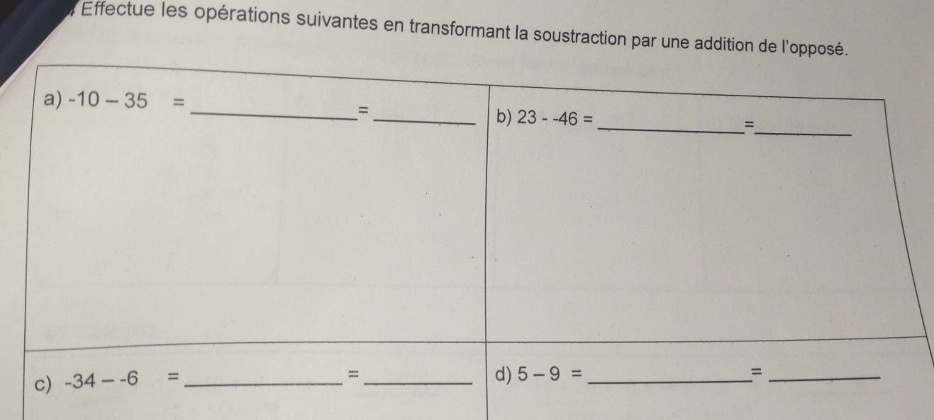 # Effectue les opérations suivantes en transformant la soustraction par une addition de l'opposé.