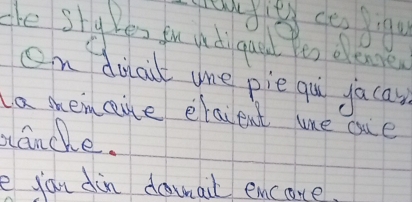 adie ce bigu 
ake styhes fu udi gaud en eleare 
On diait me pie qui gacan 
a memaile ercient we oue 
anche. 
e san din donail encore,