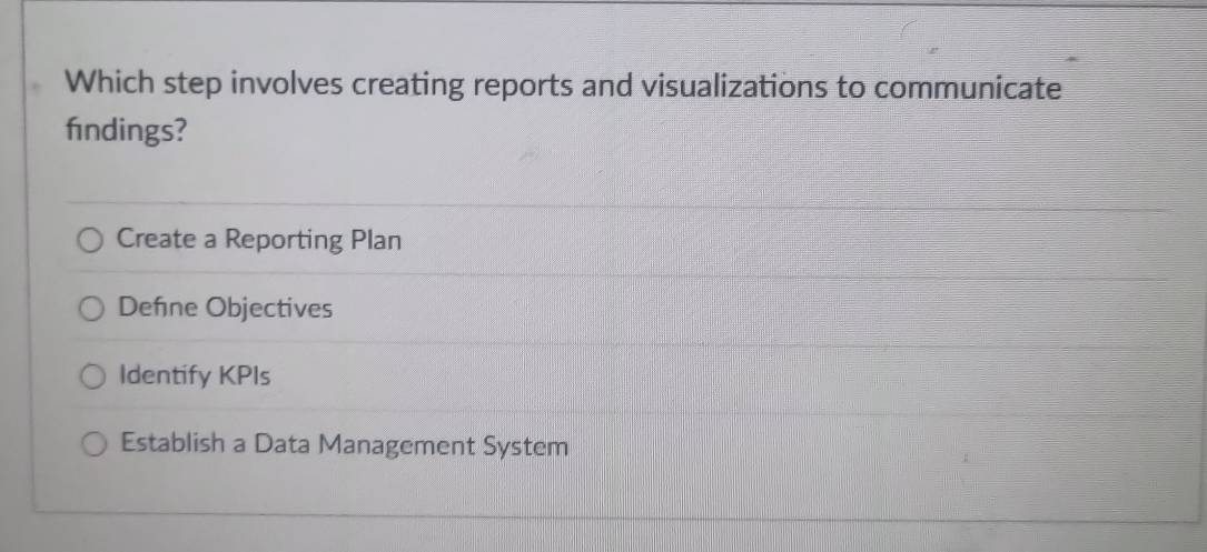 Which step involves creating reports and visualizations to communicate
fndings?
Create a Reporting Plan
Defne Objectives
Identify KPIs
Establish a Data Management System