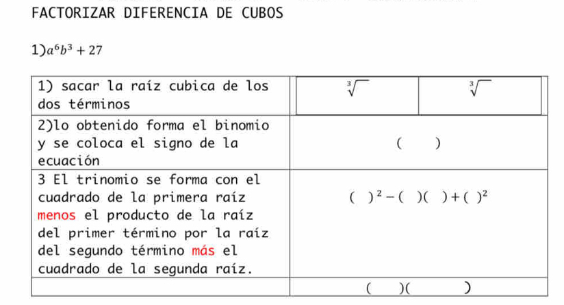 FACTORIZAR DIFERENCIA DE CUBOS
1) a^6b^3+27