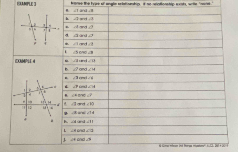 EXAMPLE 3 Name the type of angle relationship. If no relationship exists, write “none.”
@ Gina Wilson (All Things Algebra''', LC), 2014-2019