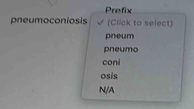 Prefix
pneumoconiosis (Click to select)
pneum
pneumo
coni
osis
N/A