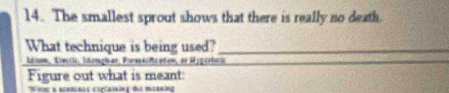 The smallest sprout shows that there is really no death. 
What technique is being used?_ 
_ 
Adium, Steutic, häongh er, Pursesfaeten, er Mygerbeh 
Figure out what is meant: 
Wom a eomnes eoglaining die mesnng