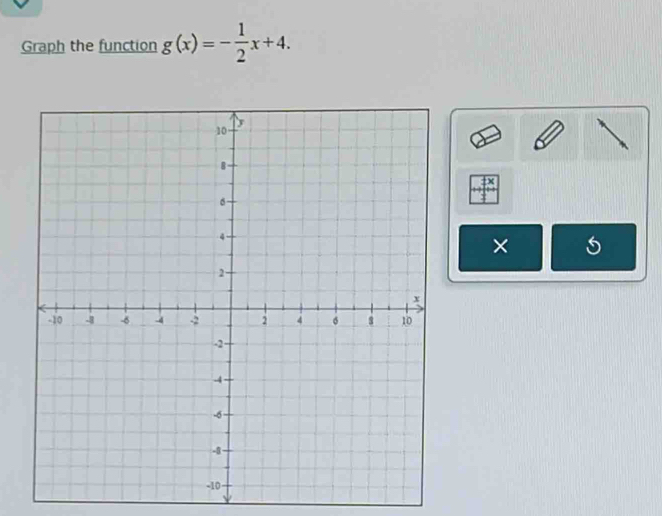 Graph the function g(x)=- 1/2 x+4. 
 
×