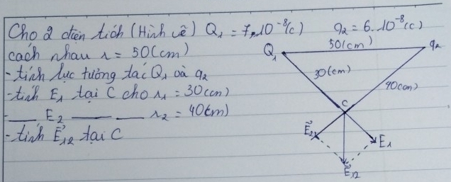 Cho a den tich (Hinh(è) Q_1=7,10^(-8)(c) q_2=6· 10^(-8)(c)
each whan r=50(cm)
tinh luc tuóng tai Q, oà ∠ 1
tin E_1 tai C cho r_1=30(cm)
_ E_2 _
_ r_2=40(cm)
-tinh vector E_12 taic