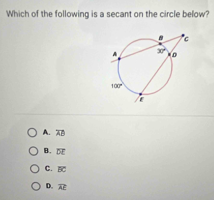 Which of the following is a secant on the circle below?
A. overleftrightarrow AB
B. overline DE
C. overline BC
D. widehat AE