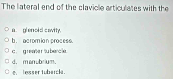 The lateral end of the clavicle articulates with the
a. glenoid cavity.
b. acromion process.
c. greater tubercle.
d. manubrium.
e. lesser tubercle.