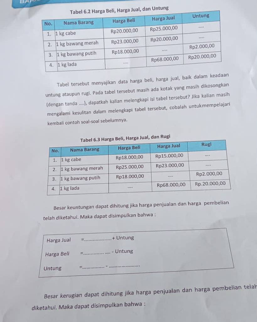 Untung 
Tabel tersebut menyajikan data harga beli, harga jual, baik dalam ke 
untung ataupun rugi. Pada tabel tersebut masih ada kotak yang masih dikosongkan 
(dengan tanda ....), dapatkah kalian melengkapi isi tabel tersebut? Jika kalian masih 
mengalami kesulitan dalam melengkapi tabel tersebut, cobalah untukmempelajari 
kembali contoh soal-soal sebelumnya. 
ugi 
Besar keuntungan dapat dihitung jika harga penjualan dan harga pembelian 
telah diketahui. Maka dapat disimpulkan bahwa : 
Harga Jual _+ Untung 
Harga Beli =_ - Untung
Untung = _ . 
_ 
Besar kerugian dapat dihitung jika harga penjualan dan harga pembelian telah 
diketahui. Maka dapat disimpulkan bahwa :