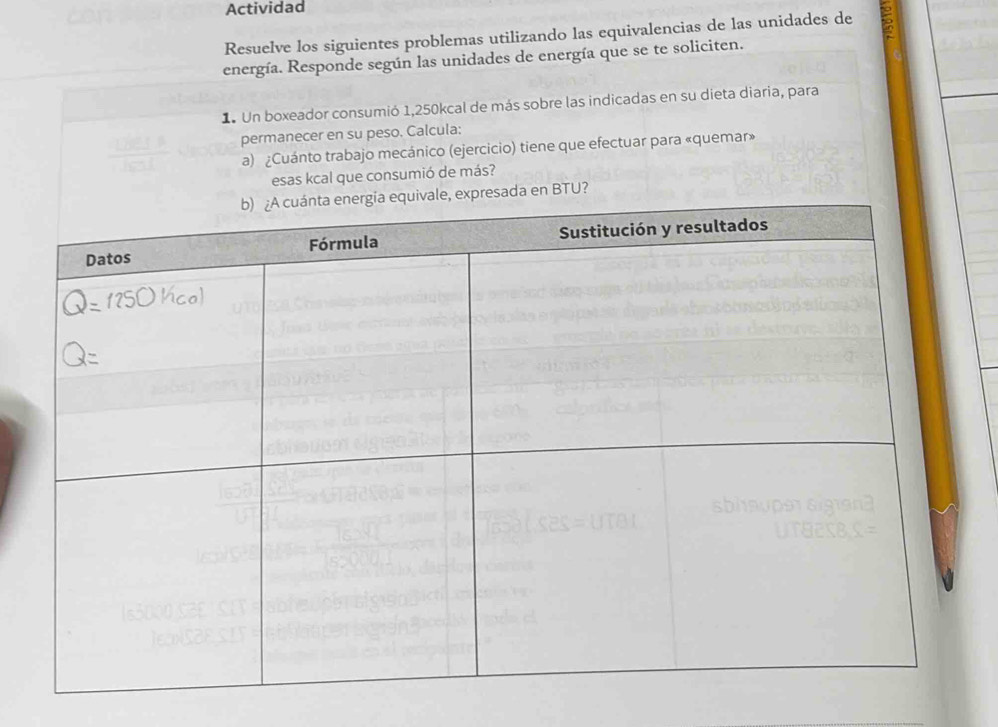 Actividad 
Resuelve los siguientes problemas utilizando las equivalencias de las unidades de 5
energía. Responde según las unidades de energía que se te soliciten. 
1 Un boxeador consumió 1,250kcal de más sobre las indicadas en su dieta diaria, para 
permanecer en su peso. Calcula: 
a) ¿Cuánto trabajo mecánico (ejercicio) tiene que efectuar para «quemar» 
esas kcal que consumió de más? 
en BTU?