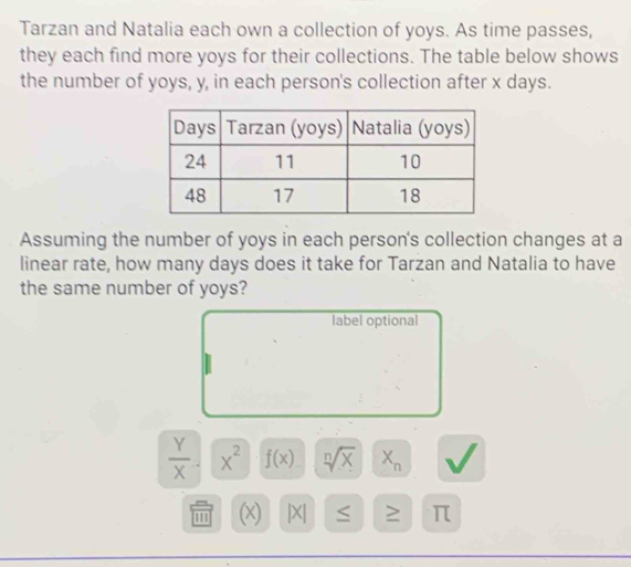 Tarzan and Natalia each own a collection of yoys. As time passes, 
they each find more yoys for their collections. The table below shows 
the number of yoys, y, in each person's collection after x days. 
Assuming the number of yoys in each person's collection changes at a 
linear rate, how many days does it take for Tarzan and Natalia to have 
the same number of yoys? 
label optional
 Y/X  x^2 f(x) sqrt[n](x) X_n
''' (x) |X ≤ ≥ π