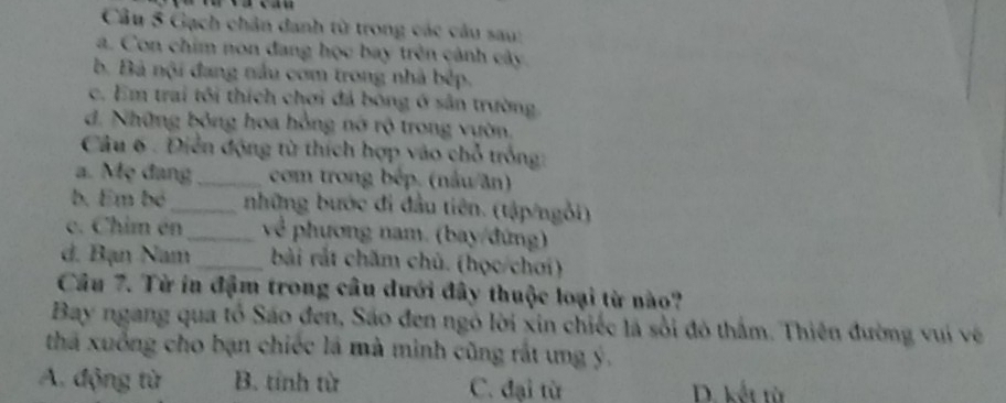 Gạch chân danh từ trong các cầu sau:
a. Con chim non đang học bay trên cánh cây
b. Bà nội đang nấu cơm trong nhà bếp.
c. Em trai tôi thích chơi đá bóng ở sân trường
d. Những bóng hoa hồng nỡ rộ trong vườn,
Câu 6 . Điễn động từ thích hợp vào chỗ trồng:
a. Mẹ đang_ com trong bếp. (nầu/ăn)
b. Em bé _ những bước đi đầu tiên. (tập/ngỏi)
c. Chim én_ về phương nam. (bay/đứng)
d. Bạn Nam_ bài rắt chăm chủ. (học/chơi)
Câu 7. Từ in đậm trong câu dưới đây thuộc loại từ nào?
Bay ngang qua tổ Sáo đen, Sáo đen ngỏ lời xin chiếc là sối đô thẩm. Thiên đường vui về
thá xuồng cho bạn chiếc là mà minh cũng rắt ung ý.
A. động từ B. tỉnh từ C. đại từ D. kết từ