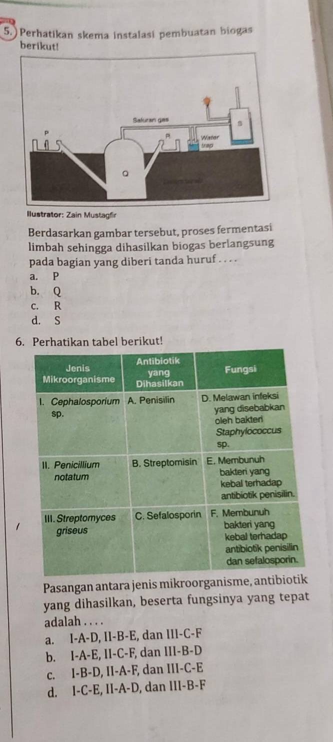 Perhatikan skema instalasi pembuatan biogas
berikut!
Ilustrator: Zain Mustagfir
Berdasarkan gambar tersebut, proses fermentasi
limbah sehingga dihasilkan biogas berlangsung
pada bagian yang diberi tanda huruf . . . .
a. P
b. Q
c. R
d. S
6. Perhatikan tabel berikut!
Pasangan antara jenis mikroorgani
yang dihasilkan, beserta fungsinya yang tepat
adalah . . . .
a. I-A-D, II-B-E, dan III-C-F
b. I-A-E, II-C-F, dan III-B-D
c. I-B-D, II-A-F, dan III-C-E
d. I-C-E, II-A-D, dan III-B-F