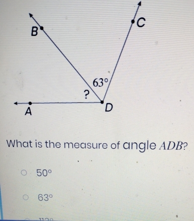 What is the measure of angle ADB?
50°
63°