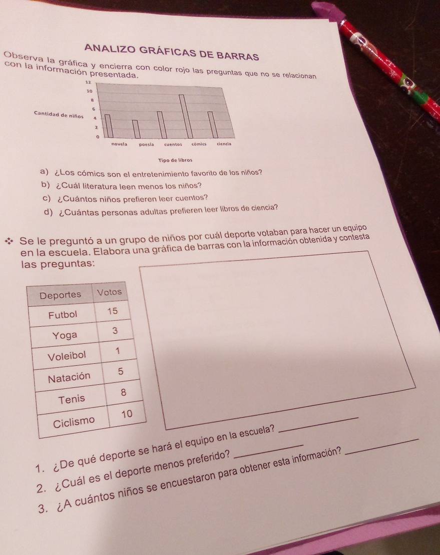 ANALIZO GRÁFICAS DE BARRAS 
Observa la gráfica y encierra con color rojo las preguntas que no se relacionan 
con la información presentada. 
a) ¿Los cómics son el entretenimiento favorito de los niños? 
b) ¿Cuál literatura leen menos los niños? 
c) ¿Cuántos niños prefieren leer cuentos? 
d) ¿Cuántas personas adultas prefieren leer libros de ciencia? 
Se le preguntó a un grupo de niños por cuál deporte votaban para hacer un equipo 
en la escuela. Elabora una gráfica de barras con la información obtenída y contesta 
las preguntas: 
_ 
1. ¿De qué deporte se hará el equipo en la escuela? 
_ 
2. ¿Cuál es el deporte menos preferido? 
3. ¿A cuántos niños se encuestaron para obtener esta información?