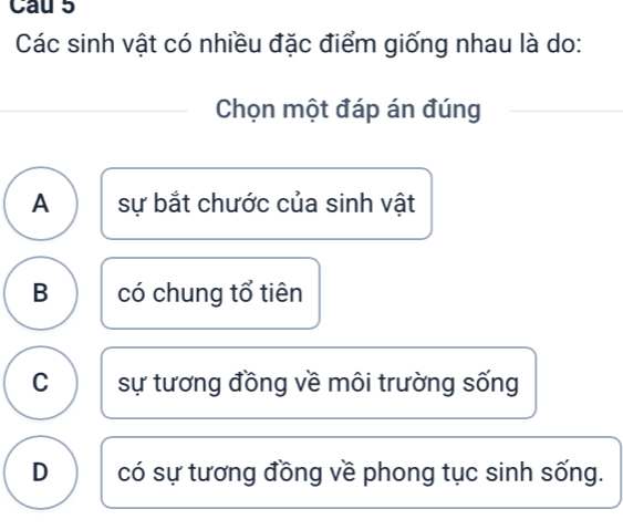 Cau 5
Các sinh vật có nhiều đặc điểm giống nhau là do:
Chọn một đáp án đúng
A sự bắt chước của sinh vật
B có chung tổ tiên
C sự tương đồng về môi trường sống
D có sự tương đồng về phong tục sinh sống.