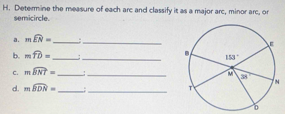 Determine the measure of each arc and classify it as a major arc, minor arc, or
semicircle.
a. mwidehat EN= _ _;_ 
b. mwidehat TD= __
C. mwidehat BNT= _ _;_ 
d. moverline BDN= _ ;_