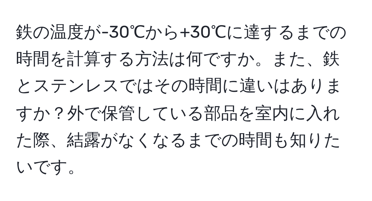 鉄の温度が-30℃から+30℃に達するまでの時間を計算する方法は何ですか。また、鉄とステンレスではその時間に違いはありますか？外で保管している部品を室内に入れた際、結露がなくなるまでの時間も知りたいです。