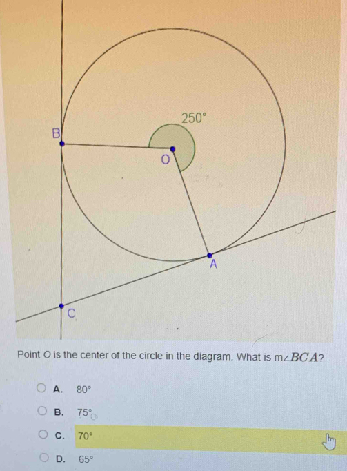 A. 80°
B. 75°
C. 70°
D. 65°