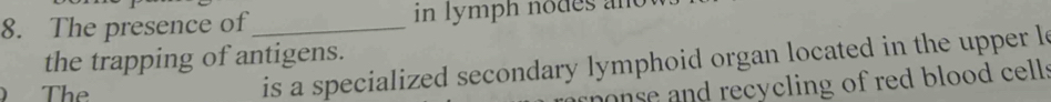 The presence of_ in lymph nodes and 
the trapping of antigens. 
) The 
is a specialized secondary lymphoid organ located in the upper l 
onse and recycling of red blood cells