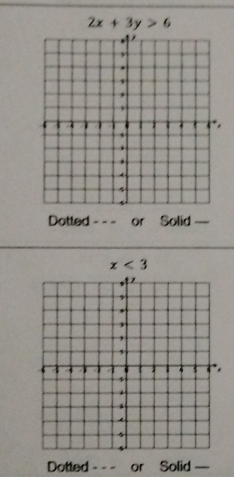 2x+3y>6
Dotted - - - or Solid_
x<3</tex> 
Dotted --- or Solid_