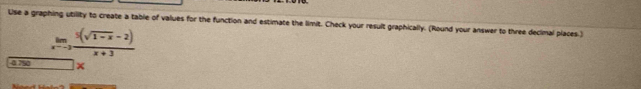 Use a graphing utility to create a table of values for the function and estimate the limit. Check your result graphically. (Round your answer to three decimal places.)
limlimits _xto -2 (5(sqrt(1-x)-2))/x+3 
3 750 ×