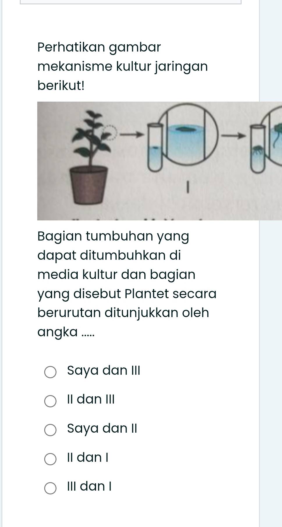 Perhatikan gambar
mekanisme kultur jaringan
berikut!
Bagian tumbuhan yang
dapat ditumbuhkan di
media kultur dan bagian
yang disebut Plantet secara
berurutan ditunjukkan oleh
angka .....
Saya dan III
II dan III
Saya dan II
II dan I
III dan I