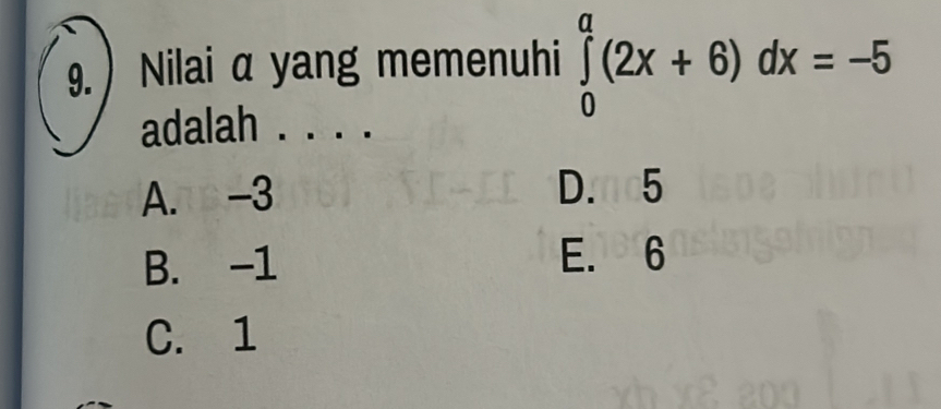 Nilai α yang memenuhi ∈tlimits _0^a(2x+6)dx=-5
adalah . . .
A. -3 D. nc5
B. -1
E. 6
C. 1