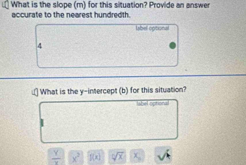 What is the slope (m) for this situation? Provide an answer
accurate to the nearest hundredth.
label optional
4
What is the y-intercept (b) for this situation?
label optional
 Y/Y  x^2 f(x) sqrt[n](x) x_n