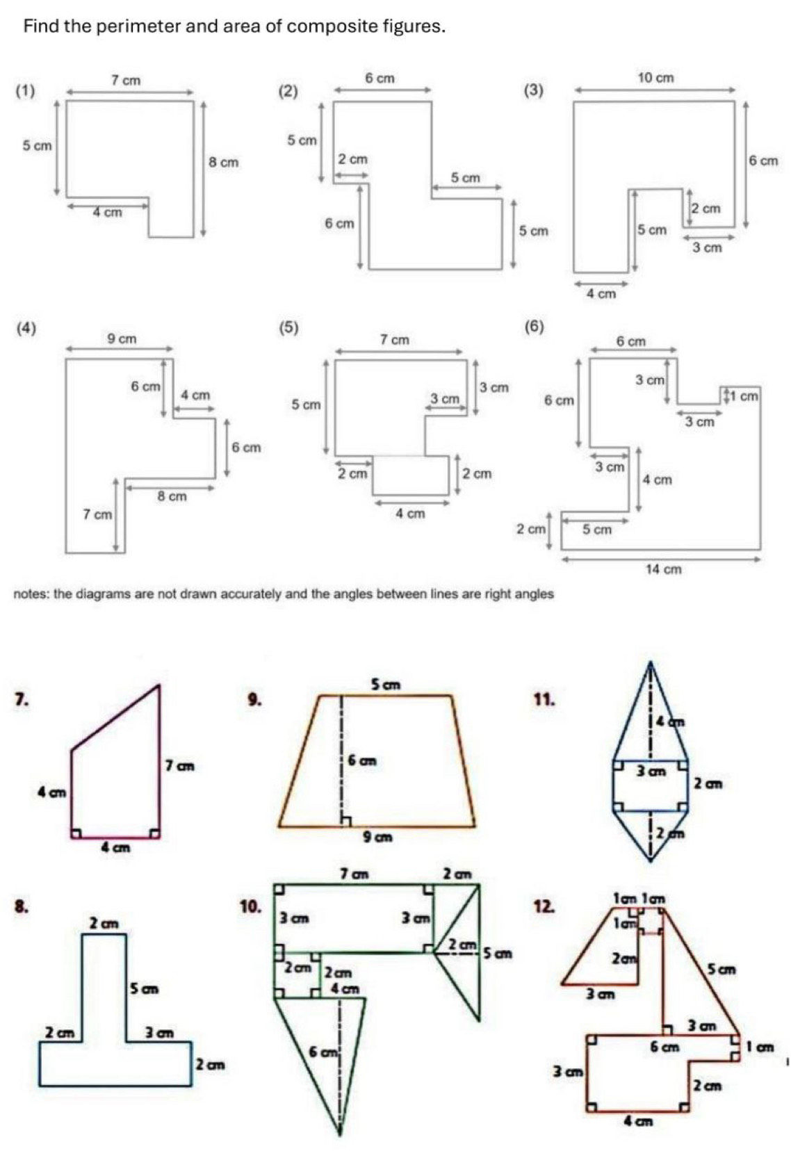 Find the perimeter and area of composite figures. 
(4) 
notes: the diagrams are not drawn accurately and the angles between lines are right angles 
7.11.
4 an
3 cm 2 cm
2am