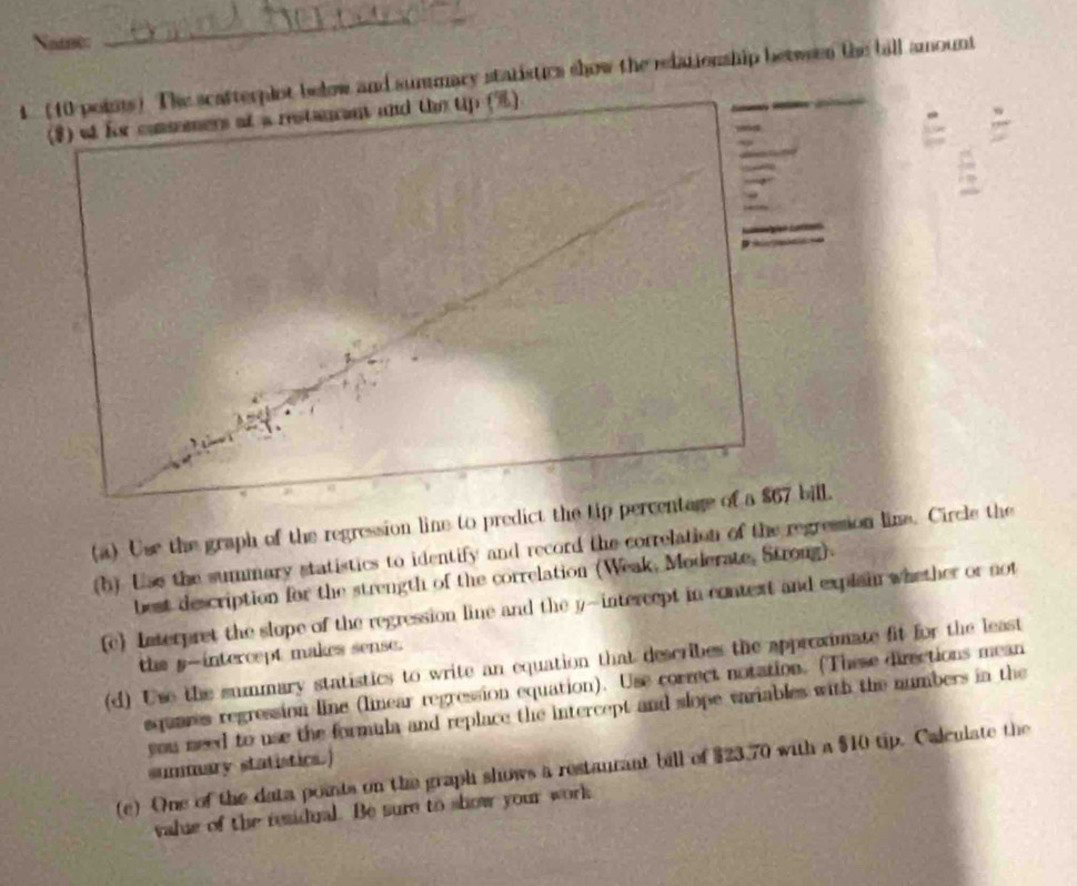 Natne 
_ 
4 (10 points) The scatterplot below and sunumary statistics show the relationship between the bill amount 
(8) of for comeeers at a restancant and the tip (%) 
1964 
(a) Use the graph of the regression line to predict the tip percentage of a $67 bill. 
(b) Use the summary statistics to identify and record the correlation of the regression line. Circle the 
best description for the strength of the correlation (Weak, Moderate, Strong). 
(c) Interpret the slope of the regression line and the y-intercept in context and explain whether or not 
the s-intercept makes sense. 
(d) Use the summary statistics to write an equation that describes the approximate fit for the least 
equares regression line (limear regression equation). Use correct notation. (These directions mean 
you need to use the formula and replace the intercept and slope variables with the numbers in the 
summary statistics.) 
(e) One of the data points on the graph shows a restaurant bill of $23.70 with a $10 tip. Calculate the 
value of the residual. Be sure to show your work