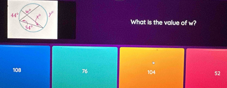 What is the value of w?
108 76 104 52