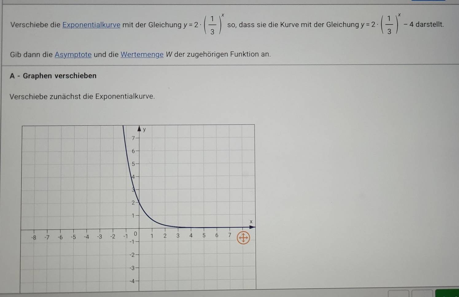 Verschiebe die Exponentialkurve mit der Gleichung y=2· ( 1/3 )^x so, dass sie die Kurve mit der Gleichung y=2· ( 1/3 )^x-4 darstellt.
Gib dann die Asymptote und die Wertemenge W der zugehörigen Funktion an.
A - Graphen verschieben
Verschiebe zunächst die Exponentialkurve.