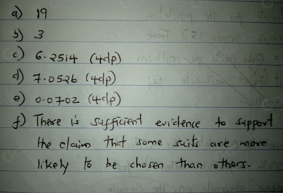 ( 19 
() 3
() 6. 2514 (4cp) 
() 7. 0526 (44p) 
e) 0.0702 (4(p) 
) These is sufficient evidlence to support 
The claim that some suits are more 
likely to be chosen than others.