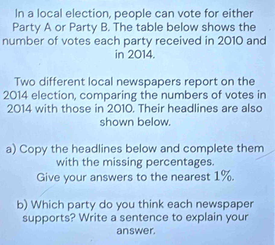 In a local election, people can vote for either 
Party A or Party B. The table below shows the 
number of votes each party received in 2010 and 
in 2014. 
Two different local newspapers report on the 
2014 election, comparing the numbers of votes in
2014 with those in 2010. Their headlines are also 
shown below. 
a) Copy the headlines below and complete them 
with the missing percentages. 
Give your answers to the nearest 1%. 
b) Which party do you think each newspaper 
supports? Write a sentence to explain your 
answer.