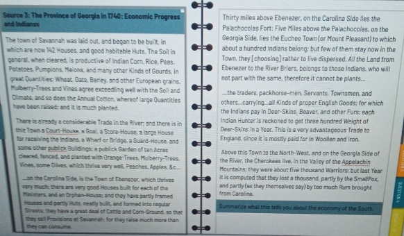 Source 3: The Province of Georgia in 1740: Economic Progress Thirty miles above Ebenezer, on the Carolina Side lies the
and Indiansv Palachocolas Fort: Five Miles above the Palachocolas, on the
The town of Savannah was laid out, and began to be built, in Georgia Side, lies the Euchee Town (or Mount Pleasant) to which
about a hundred indians belong; but few of them stay now in the
which are now 142 Houses, and good habitable Huts. The Soil in Town, they [choosing] rather to live dispersed. All the Land from
general, when cleared, is productive of Indian Corn, Rice, Peas, Ebenezer to the River Briers, belongs to those Indians, who will
Potatoes, Pumpions, Melons, and many other Kinds of Gourds, in
great Quantities: Wheat, Oats, Barley, and other European grains. not part with the same, therefore it cannot be plants...
Mulberry-Trees and Vines agree exceedling well with the Soil and ,the traders, packhorse-men, Servants, Townsmen, and
Climate, and so does the Annual Cotton, whereof large Quantities others....carrying...all Kinds of proper English Goods; for which
have been raised: and it is much planted. the Indians pay in Deer-Skins, Beaver, and other Furs; each
There is already a considerable Trade in the River: and there is in Indian Hunter is reckoned to get three hundred Weight of
this Town a Court-House, a Goal, a Store-House, a large House Deer-Skins in a Year. This is a very advantageous Trade to
for receiving the Indians, a Wharf or Bridge, a Guard-House, and England, since it is mostly paid for in Woollen and Iron.
some other publick Buildings; a publick Garden of ten Acres Above this Town to the North-West, and on the Georgia Side of
cleared, fenced, and planted with Orange-Trees. Mulberry-Trees. the River, the Cherokees live, in the Valley of the Appelachin
Vines, some Olives, which thrive very well, Peaches, Apples, &c. Mountains; they were about five thousand Warriors; but last Year
Lon the Carolina Side, is the Town of Ebenezer, which thrives it is computed that they lost a thousand, partly by the SmallPox,
a
very much; there are very good Houses built for each of the from Carolina. and partly (as they themselves say) by too much Rum brought
Ministers, and an Orphan-House; and they have partly framed
Houses and partly Huts, neatly built, and formed into regular Summarize what this tells you about the economy of the South.
Streets; they have a great deal of Cattle and Corn-Ground, so that
they sail Provisions at Savannah; for they raise much more than
they can consume.