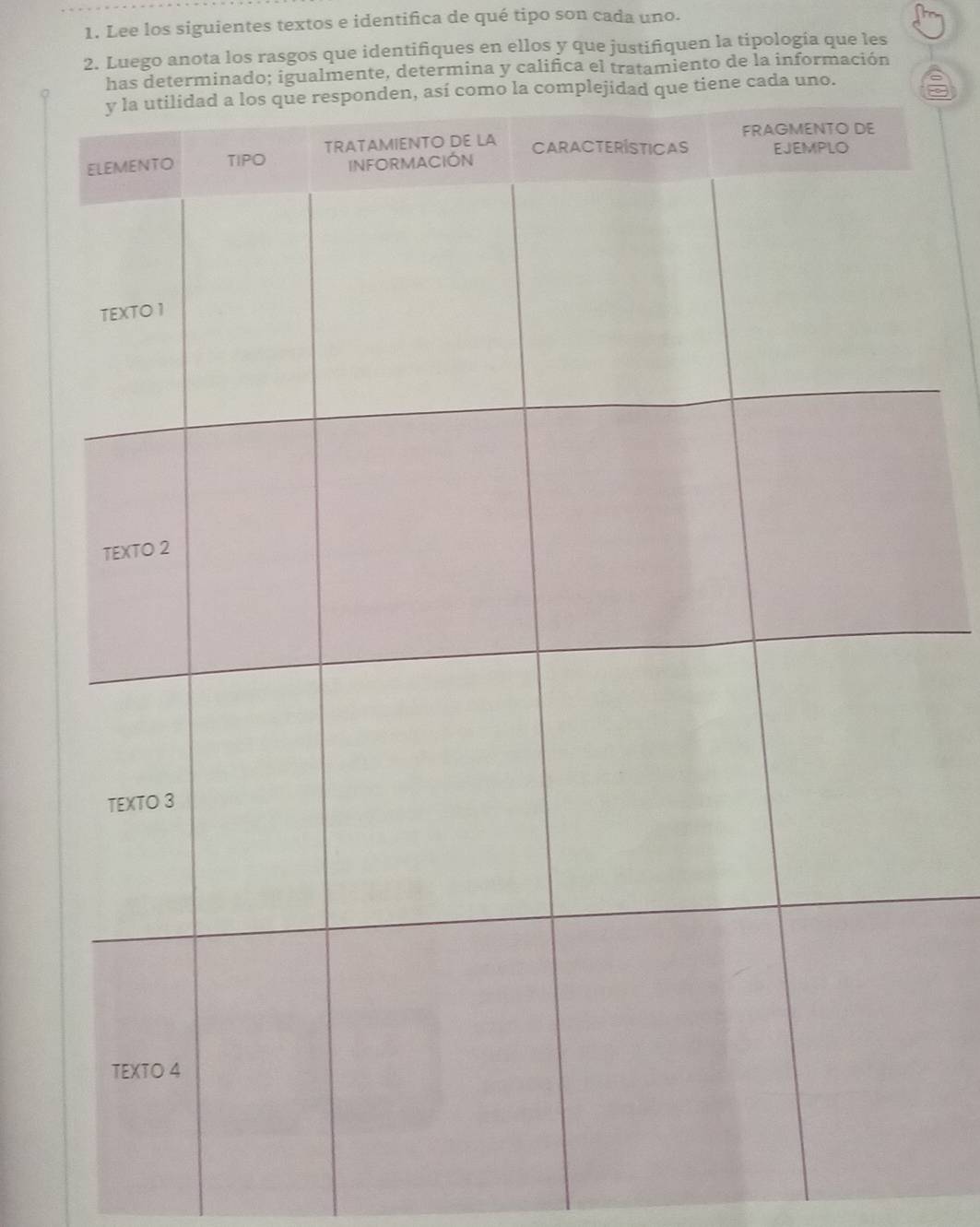 Lee los siguientes textos e identifica de qué tipo son cada uno. 
2. Luego anota los rasgos que identifiques en ellos y que justifiquen la tipología que les 
ado; igualmente, determina y califica el tratamiento de la información