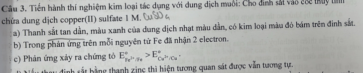 Tiến hành thí nghiệm kim loại tác dụng với dung dịch muôi: Cho đinh sắt vào cóc thuy I 
chứa dung dịch copper(II) sulfate 1 M. 
a) Thanh sắt tan dần, màu xanh của dung dịch nhạt màu dần, có kim loại màu đỏ bám trên đinh sắt. 
b) Trong phản ứng trên mỗi nguyên tử Fe đã nhận 2 electron. 
c) Phản ứng xảy ra chứng tỏ E_Fe^(2+)/Fe^circ >E_Cu^(2+)/Cu^circ . 
thay định sắt hằng thanh zinc thì hiện tương quan sát được vẫn tương tự.