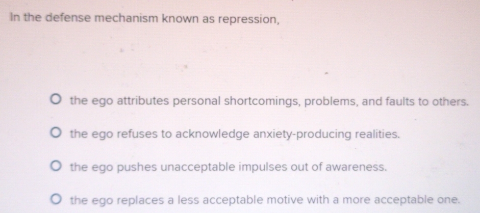 Solved: In the defense mechanism known as repression, the ego ...
