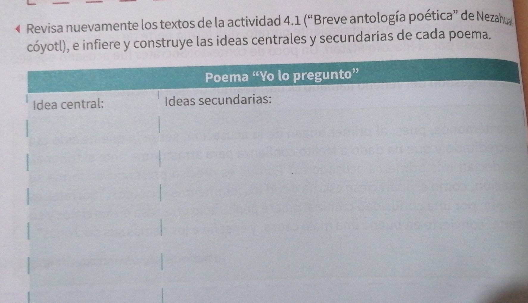 Revisa nuevamente los textos de la actividad 4.1 (“Breve antología poética” de Nezahua 
cóyotl), e infiere y construye las ideas centrales y secundarias de cada poema. 
Poema “Yo lo pregunto” 
Idea central: Ideas secundarias: