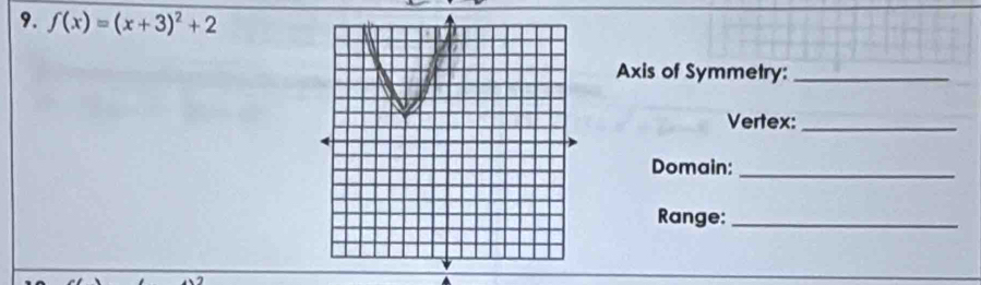 f(x)=(x+3)^2+2
Axis of Symmetry:_ 
Vertex:_ 
Domain:_ 
Range:_