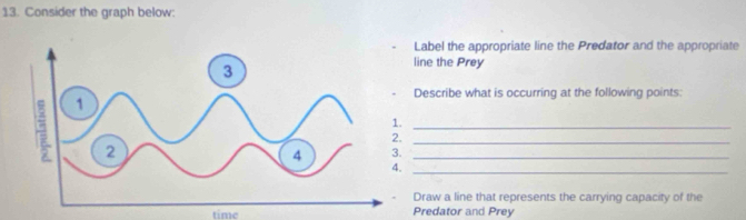 Consider the graph below: 
Label the appropriate line the Predator and the appropriate 
line the Prey 
Describe what is occurring at the following points: 
_ 
_ 
_ 
_ 
Draw a line that represents the carrying capacity of the 
time Predator and Prey