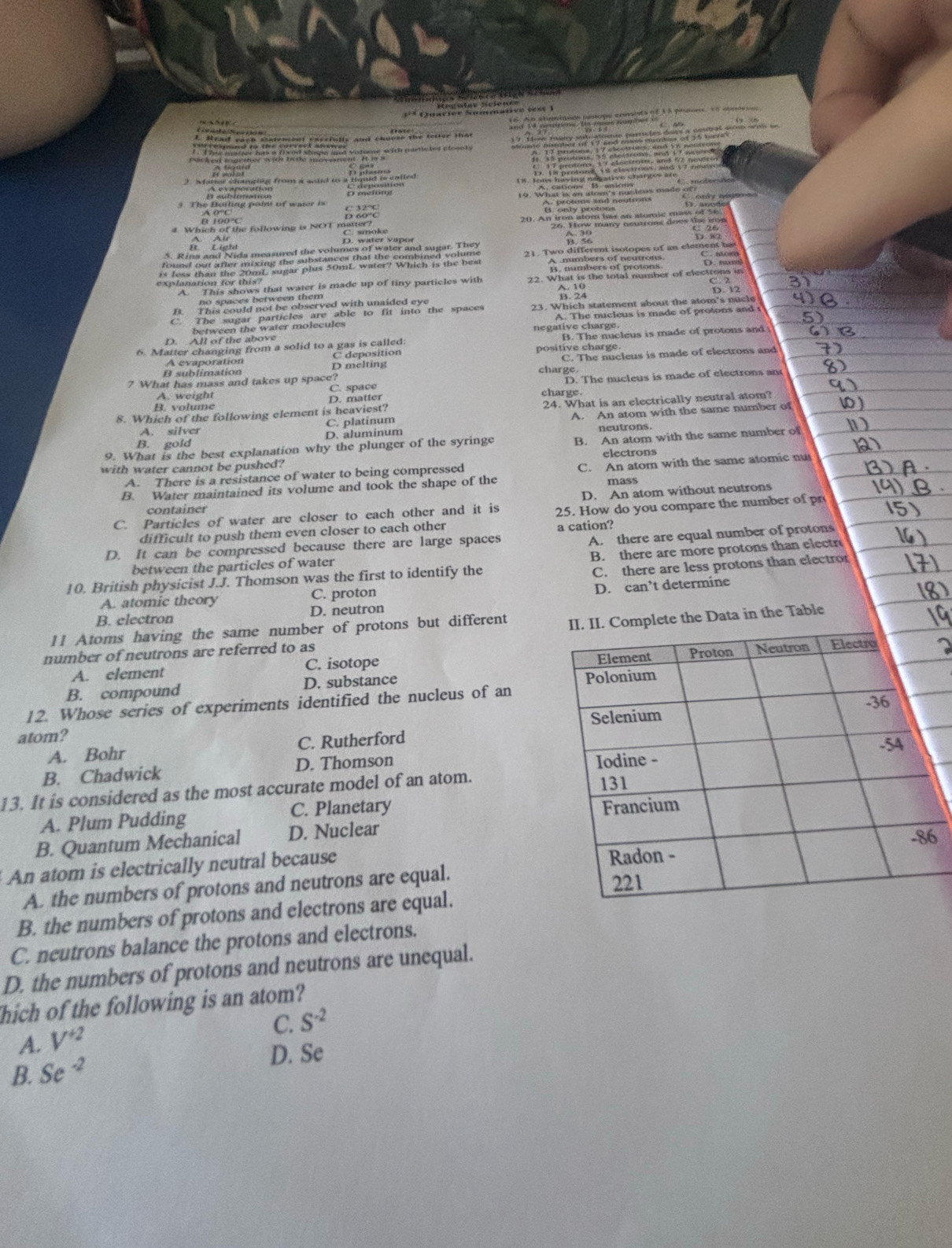 ing  stay pte n
x^2 Qacive Summative tes 1
A
B 190°C
4 Which of the following is NOT mattel lnke
A. Air D. water vapor whce
Tể Thể Tể lạph po tt g ha 21 . Two differnt ioolones of an clement ha
explanation for ites that water is made up of tiny particles with 22. What in the total number of electrons in

D. 12
23. Which statement about the atom's nucle
A. The nucleus is made of protons and 1
D. All of the above negative charge
6. Matter changing from a solid to a gas is called: positive charge. B. The nucleus is made of protons and
A evaporation C deposition
B sublimation D melting C. The nucleus is made of electrons and
charge
A. weight D. The nucleus is made of electrons and
7 What has mass and takes up space? C. space
D. matter charge.
8. Which of the following element is heaviest? 24. What is an electrically neutral atom?
B. volume
B. gold D. aluminum A. An atom with the same number of
A. silver C. platinum
neutrons.
9. What is the best explanation why the plunger of the syringe B. An atom with the same number of
with water cannot be pushed? electrons
A. There is a resistance of water to being compressed C. An atom with the same atomic nu
B. Water maintained its volume and took the shape of the mass
D. An atom without neutrons
container
C. Particles of water are closer to each other and it is 25. How do you compare the number of pr
difficult to push them even closer to each other a cation?
D. It can be compressed because there are large spaces
between the particles of water A. there are equal number of protons
10. British physicist J.J. Thomson was the first to identify the B. there are more protons than electr
A. atomic theory C. proton C. there are less protons than electror
D. can’t determine
B. electron D. neutron
1! Atoms having the same number of protons but different lete the Data in the Table
number of neutrons are referred to as
A. clement C. isotope 
B. compound D. substance 
12. Whose series of experiments identified the nucleus of an
atom?
A. Bohr C. Rutherford
B. Chadwick D. Thomson
13. It is considered as the most accurate model of an atom.
A. Plum Pudding C. Planetary 
B. Quantum Mechanical D. Nuclear
An atom is electrically neutral because
A. the numbers of protons and neutrons are equal.
B. the numbers of protons and electrons are equal.
C. neutrons balance the protons and electrons.
D. the numbers of protons and neutrons are unequal.
hich of the following is an atom?
C. S^(-2)
A. V^(+2)
D. Se
B. Se^(-2)