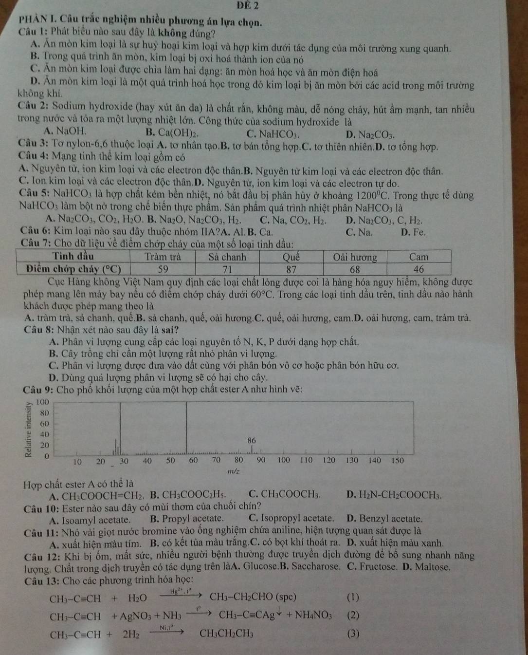 ĐÉ 2
PHẢN I. Câu trắc nghiệm nhiều phương án lựa chọn.
Câu 1: Phát biểu nào sau đây là không đúng?
A. Ăn mòn kim loại là sự huỷ hoại kim loại và hợp kim dưới tác dụng của môi trường xung quanh.
B. Trong quá trình ăn mòn, kim loại bị oxi hoá thành ion của nó
C. Ăn mòn kim loại được chia làm hai dạng: ăn mòn hoá học và ăn mòn điện hoá
D. Ăn mòn kim loại là một quá trình hoá học trong đó kim loại bị ăn mòn bởi các acid trong môi trường
không khí.
Câu 2: Sodium hydroxide (hay xút ăn da) là chất rắn, không màu, dễ nóng chảy, hút ẩm mạnh, tan nhiều
trong nước và tỏa ra một lượng nhiệt lớn. Công thức của sodium hydroxide là
A. NaOH. B. Ca(OH)_2 C. NaHCO_3. D. Na_2CO_3.
Câu 3: Tơ nylon-6,6 thuộc loại A. tơ nhân tạo.B. tơ bán tổng hợp.C. tơ thiên nhiên.D. tơ tổng hợp.
Câu 4: Mạng tinh thể kim loại gồm có
A. Nguyên tử, ion kim loại và các electron độc thân.B. Nguyên từ kim loại và các electron độc thân.
C. Ion kim loại và các electron độc thân.D. Nguyên tử, ion kim loại và các electron tự do.
Câu 5: Na HCO_3 là hợp chất kém bền nhiệt, nó bắt đầu bị phân hủy ở khoảng 1200^0C. Trong thực tế dùng
NaHC O_3 làm bột nở trong chế biến thực phẩm. Sản phẩm quá trình nhiệt phân NaH CO_3l_a
A. sqrt(6) CO_3,CO_2,H_2O.B.Na_2O,Na_2CO_3,H_2. C. Na, CO_2,H_2. D. Na_2CO_3,C,H_2.
Câu 6: Kim loại nào sau đây thuộc nhóm IIA?A. Al.B. C a C. Na. D. Fe.
Câu 7: Cho dữ liệu về điểm chớp cháy của một số loại tinh dầu:
Tinh dầu Tràm trà Sả chanh Quế Oải hương Cam
Điểm chớp cháy (^circ C) 59 71 87 68 46
Cục Hàng không Việt Nam quy định các loại chất lỏng được coi là hàng hóa nguy hiểm, không được
phép mang lên máy bay nếu có điểm chớp cháy dưới 60°C. Trong các loại tinh dầu trên, tinh dầu nào hành
khách được phép mang theo là
A. tràm trà, sả chanh, quế.B. sả chanh, quế, oải hương.C. quế, oải hương, cam.D. oải hương, cam, tràm trà.
Câu 8: Nhận xét nào sau đây là sai?
A. Phân vi lượng cung cấp các loại nguyên tố N, K, P dưới dạng hợp chất.
B. Cây trồng chỉ cần một lượng rất nhỏ phân vi lượng.
C. Phân vi lượng được đưa vào đất cùng với phân bón vô cơ hoặc phân bón hữu cơ.
D. Dùng quá lượng phân vi lượng sẽ có hại cho cây.
*  Câu 9: Cho phố khối lượng của một hợp chất ester A như hình vẽ:
100
ξ 80
60
40
20
86
0
10 20 30 40 50 60 70 80 90 100 110 120 130 140 150
m/z
Hợp chất ester A có thể là
A. CH_3COOCH=CH_2 B. CH_3COOC_2H_5. C. CH_3COOCH_3 D. H_2N-CH_2COOCH_3.
Câu 10: Ester nào sau dây có mùi thơm của chuối chín?
A. Isoamyl acetate. B. Propyl acetate. C. Isopropyl acetate. D. Benzyl acetate.
Câu 11: Nhỏ vài giọt nước bromine vào ống nghiệm chứa aniline, hiện tượng quan sát được là
A. xuất hiện màu tím. B. có kết tủa màu trắng.C. có bọt khí thoát ra. D. xuất hiện màu xanh.
Câu 12: Khi bị ốm, mất sức, nhiều người bệnh thường được truyền dịch đường đề bồ sung nhanh năng
lượng. Chất trong dịch truyền có tác dụng trên làA. Glucose.B. Saccharose. C. Fructose. D. Maltose.
Câu 13: Cho các phương trình hóa học:
CH_3-Cequiv CH+H_2Oxrightarrow Hg^(2+).I°CH_3-CH_2CHO(spc) (1)
CH_3-Cequiv CH+AgNO_3+NH_3xrightarrow I°CH_3-Cequiv CAg^(downarrow)+NH_4NO_3 (2)
CH_3-Cequiv CH+2H_2xrightarrow Ni_2xrightarrow NCH_3CH_2CH_3 (3)