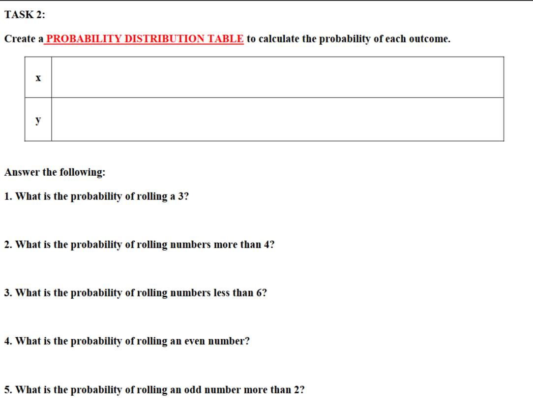 TASK 2: 
Create a PROBABILITY DISTRIBUTION TABLE to calculate the probability of each outcome. 
Answer the following: 
1. What is the probability of rolling a 3? 
2. What is the probability of rolling numbers more than 4? 
3. What is the probability of rolling numbers less than 6? 
4. What is the probability of rolling an even number? 
5. What is the probability of rolling an odd number more than 2?