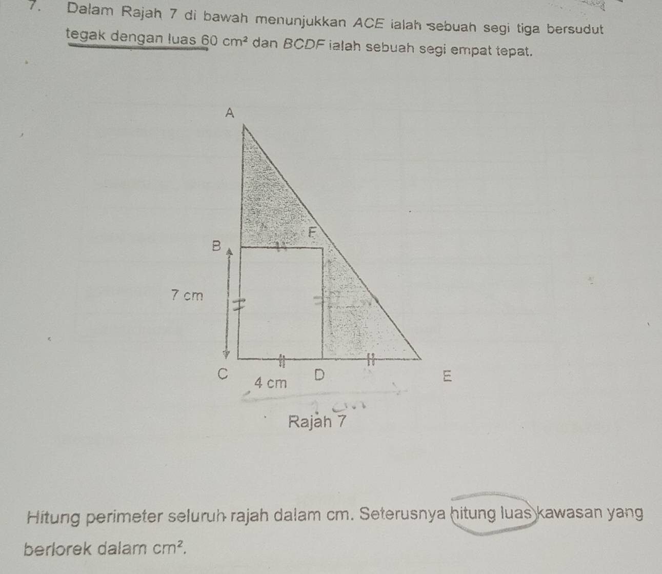 Dalam Rajah 7 di bawah menunjukkan ACE ialah sebuah segi tiga bersudut 
tegak dengan luas 60cm^2 dan BCDF ialah sebuah segi empat tepat. 
Rajah 7 
Hitung perimeter seluruh rajah dalam cm. Seterusnya hitung luas kawasan yang 
berlorek dalam cm^2.