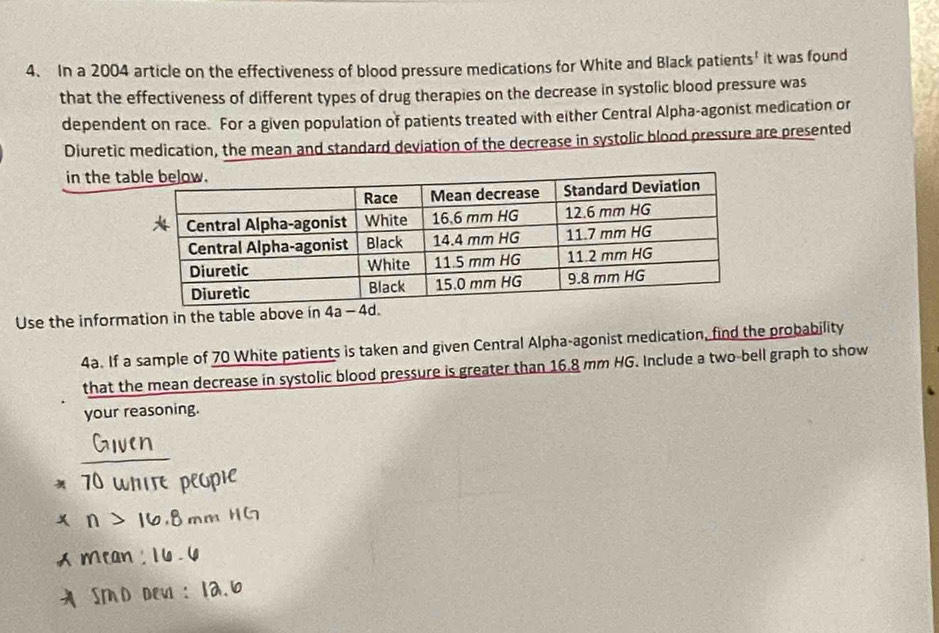 In a 2004 article on the effectiveness of blood pressure medications for White and Black patients' it was found 
that the effectiveness of different types of drug therapies on the decrease in systolic blood pressure was 
dependent on race. For a given population of patients treated with either Central Alpha-agonist medication or 
Diuretic medication, the mean and standard deviation of the decrease in systolic blood pressure are presented 
in the ta 
Use the information in the table above in 4a - 4d. 
4a. If a sample of 70 White patients is taken and given Central Alpha-agonist medication, find the probability 
that the mean decrease in systolic blood pressure is greater than 16.8 mm HG. Include a two-bell graph to show 
your reasoning. 
_